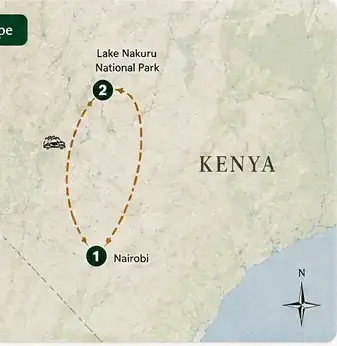 Route map for 1-Day Lake Nakuru & Lake Naivasha Wildlife & Scenic Adventure Day Trip