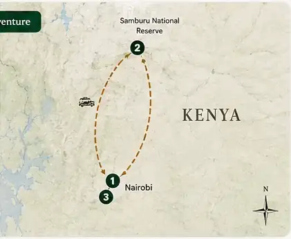 Route map for 3-Day Midrange Wildlife Safari Escape in Samburu