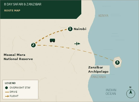Route map for 8-Day Safari & Zanzibar Spice Beach Escape